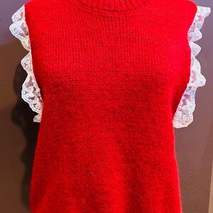 SHEIN Red Sleeveless Cowl/Turtleneck Sweater with White Lace Trim